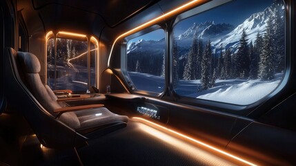 Naklejka premium Futuristic Interior with Mountain View and Starry Night