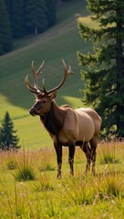 Naklejka premium An Elk poses grandly amidst verdant greenery and tall woodland