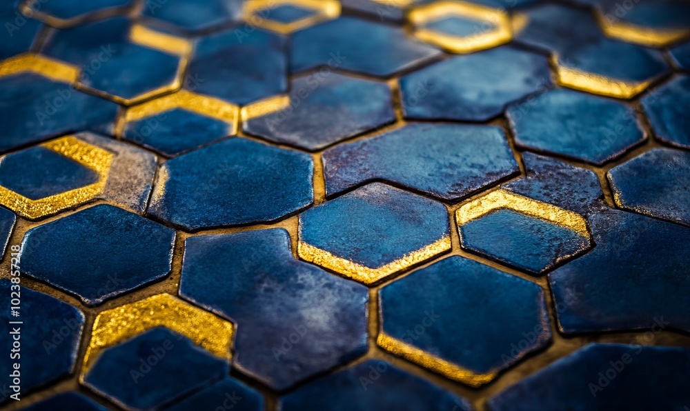 Poster a close up of a blue and gold hexagonal tile pattern