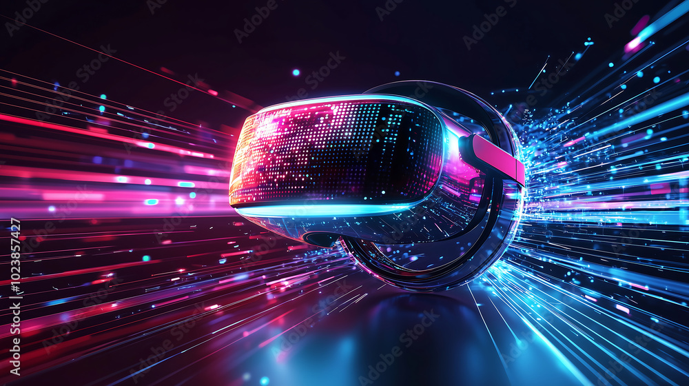 Poster futuristic virtual reality headset with neon lights and dynamic motion elements