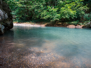 The river, with its rapid flow and majestic cliffs, creates a breathtaking landscape, reflecting the strength and beauty of the wild nature