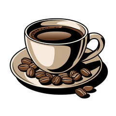 Obraz premium A clipart illustration of a cup of coffee. The cup is filled with coffee. The cup is on a plate.