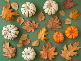 Fototapeta premium Pumpkins and dried leaves on a green backdrop