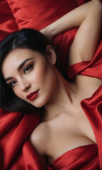 Glamour photo of a gorgeous model in silk sheets