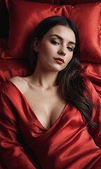 Glamour photo of a gorgeous model in silk sheets