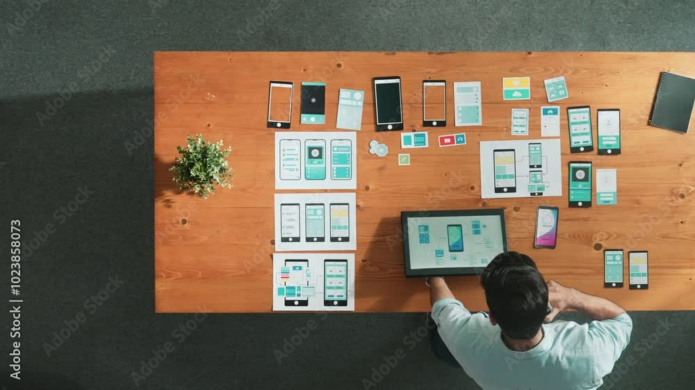 Poster top view of skilled developer walking and placing ux ui software. smart business man put tablet on m