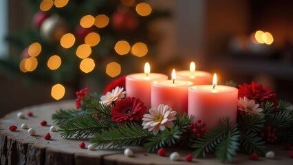 Burning scented candles, festive New Year's atmosphere in the spa. Warm aesthetic composition with candles, flowers and fir branches.