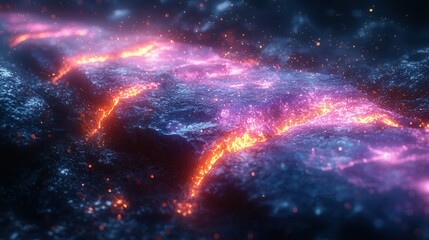 This image depicts a stunning lava flow amid dark rocks, illuminated by pink and orange lights, creating an otherworldly atmosphere. Perfect for creative projects.