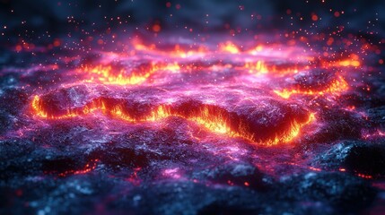 A vibrant illustration of flowing lava, illuminated in shades of orange and purple against a dark background, creating an otherworldly scene.