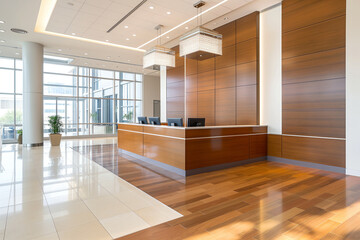 Obraz premium Corporate Lobby Featuring a Large Reception Desk and Modern Finishes