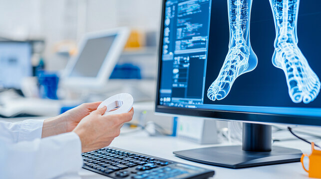 technician examining custom 3D printed orthotic, computer with foot scan, laboratory setting