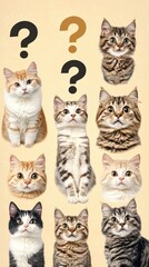 Fototapeta premium A group of four cats illustrates curiosity, each with distinct fur patterns, as whimsical question marks hover above them, creating a playful and engaging atmosphere