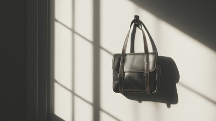 Minimalistic black leather bag hanging on wall in natural sunlight	