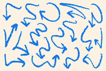 Hand drawn arrows with chalk effect. Set of doodle arrows with grunge edges. Collection of colorful blue hand free curved lines and pointers.