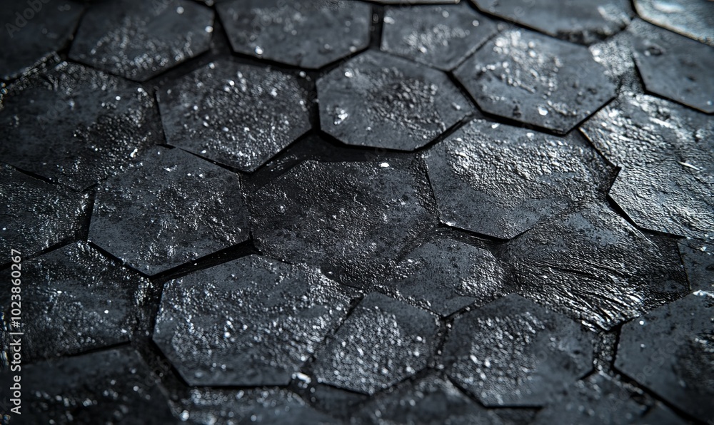Poster a close up of a black and grey surface with a pattern of hexagons