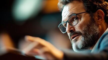 A bearded man with glasses gestures while explaining, showcasing a scene of articulate communication and deliberate discourse in a professional setting.