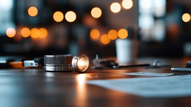 A lens glows warmly on a table, surrounded by blurred bokeh lights, creating an inviting and cozy atmosphere. The scene is set in a dimly lit cafe ambiance.