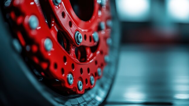 A close-up shot of a red mechanical bike gear integrated with a wheel, emphasizing engineering precision and striking design contrasts against a blurred background.