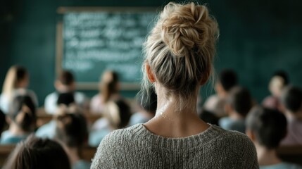 Image showing the back of a woman in a classroom with her focus directed towards a blackboard, emphasizing learning and concentration in an educational setting.
