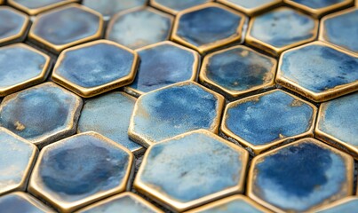 A close up of a blue and gold hexagonal tile pattern