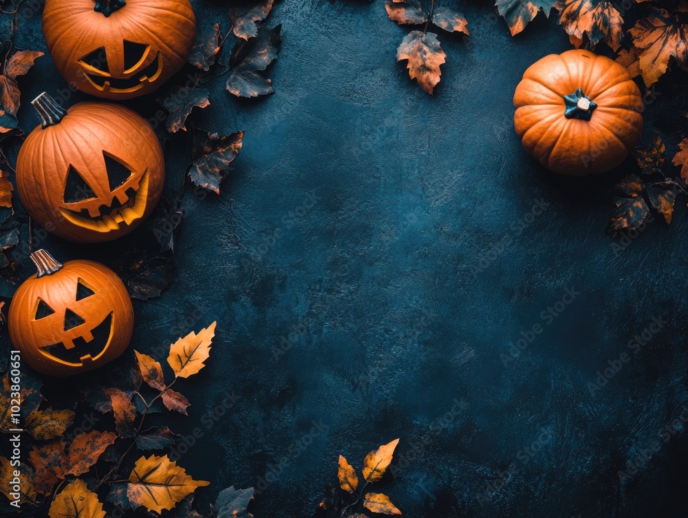 Canvas Prints Halloween Decorations Flat Lay with Pumpkins on Dark Background