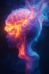 Vibrant abstract visualization of a human brain exploding with knowledge and creativity.