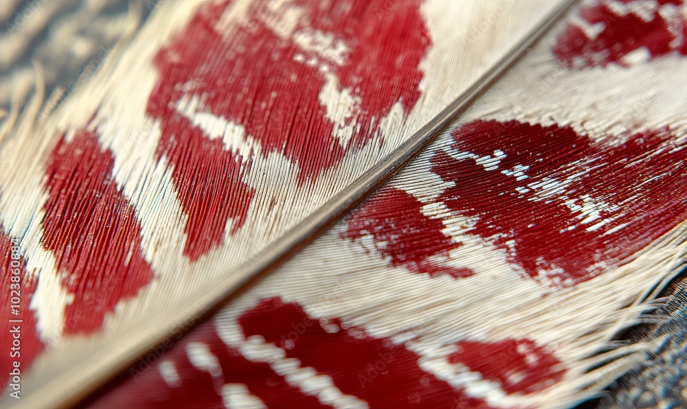 Aufkleber a close up of a feather with a red and white pattern