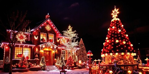 Fototapeta premium A beautifully decorated home with festive lights and a Christmas tree during a snowy holiday evening