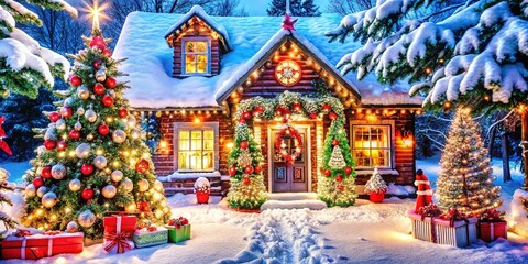Fototapeta premium A cozy holiday cottage adorned with festive decorations and a beautiful Christmas tree under a snowy winter sky at dusk
