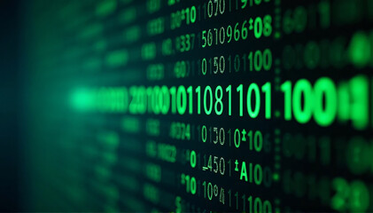 Future green backgrounds for technology, a perspective view with depth of field, tech-style green lighted digits, and a binary code matrix background.
