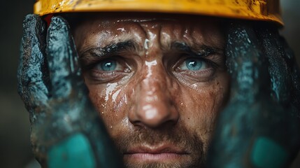 A worker with striking blue eyes shows stress while holding his head, wearing a protective helmet and gloves, conveying a sense of anxiety and labor intensity.