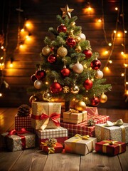Festively wrapped Christmas gifts beneath a beautifully decorated tree with warm lights in a cozy setting