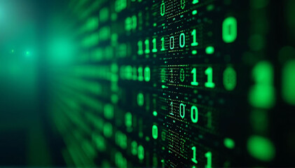 Future green backgrounds for technology, a perspective view with depth of field, tech-style green lighted digits, and a binary code matrix background.
