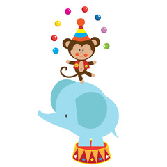 Retro circus elephant and monkey  vector cartoon illustration