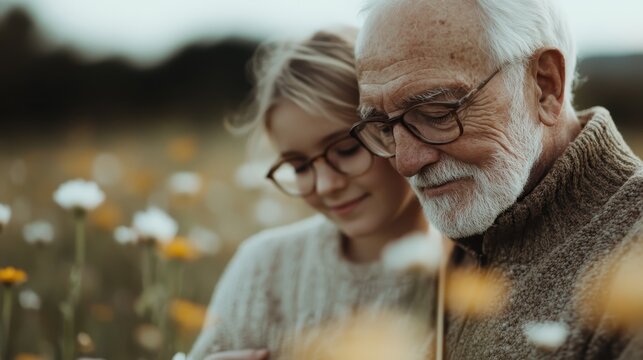 An elderly man and a young woman share a tender embrace amidst a meadow of wildflowers, portraying family bonds, love, and generational connection in nature.