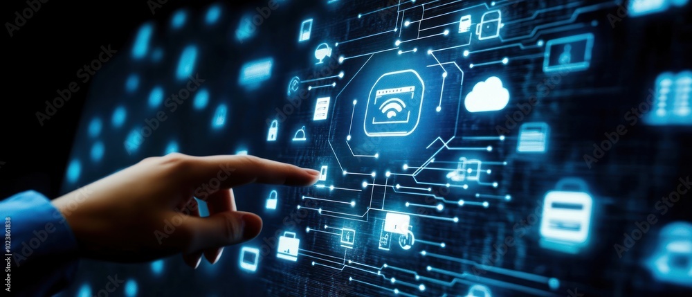 Poster a hand reaches out to touch a digital screen displaying a network of connected icons, representing d