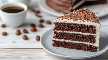 A slice of chocolate layer cake with cream frosting on a plate accompanied by a cup of coffee. The composition is set against a white rustic wooden table background.