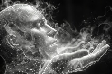 Low poly wireframe model of an ai brain held by human hands symbolizing interaction with technology