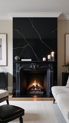 A living room featuring a sleek black marble fireplace as its centerpiece dcor element