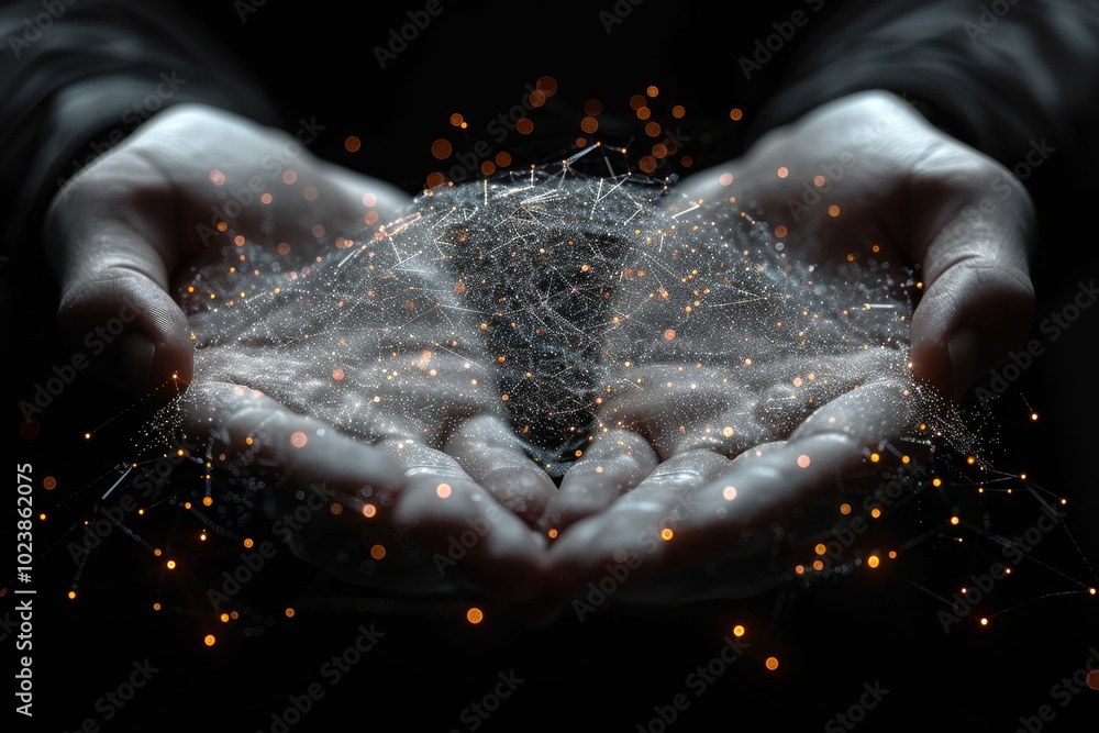 Aufkleber low poly wireframe mesh of ai in hands polygonal art representing human interaction with technology