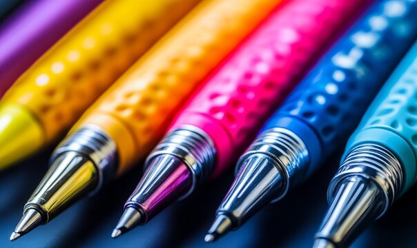A close-up shot of colorful pens, showcasing their vibrant hues and sleek design, perfect for advertising and business needs