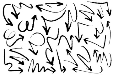 Arrows with grunge lines. Hand drawn set of doodle arrow icons. Collection of hand free curved lines and pointers.