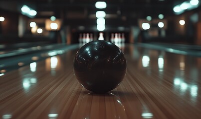 A close-up view of a black bowling ball resting on polished wooden lanes during a quiet bowling night at a local alley