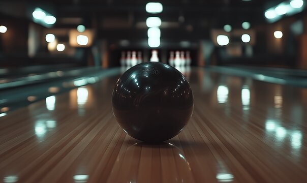 A close-up view of a black bowling ball resting on polished wooden lanes during a quiet bowling night at a local alley