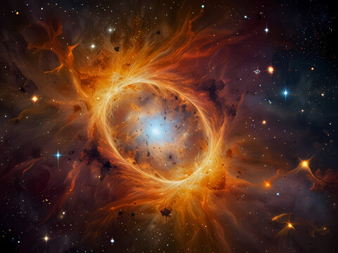 A beautiful illusion of all ideas in cosmos manner with orange and gold, stars and nebulas , energy and soft lines chaotic dance of everything and everywhere 