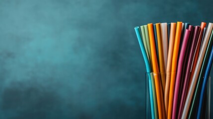 A vibrant array of colorful straws neatly arranged inside a clear holder against a textured teal background, blending functionality with striking visual appeal.