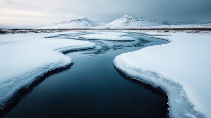 A breathtaking sight of a frozen river meandering through a snow-covered landscape with mountains in the background, capturing the serene beauty and calm of winter nature.