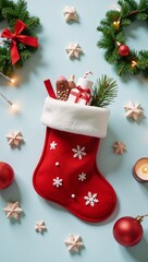 Cute ChristmasNew Year-themed illustration showcasing a festive red Christmas sock filled with sweet treats gifts and snowflakes ideal for cards banners or invitations