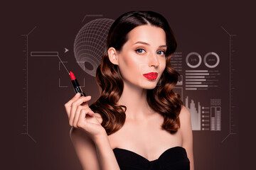 Obraz premium Composite photo collage of sexy girl hold red pomade lips mouth interface therapy isolated on painted background