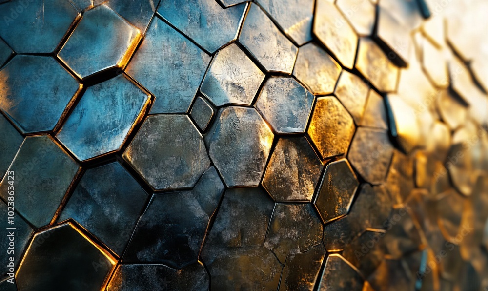 Poster a close up of a shiny, metallic surface with hexagonal shapes